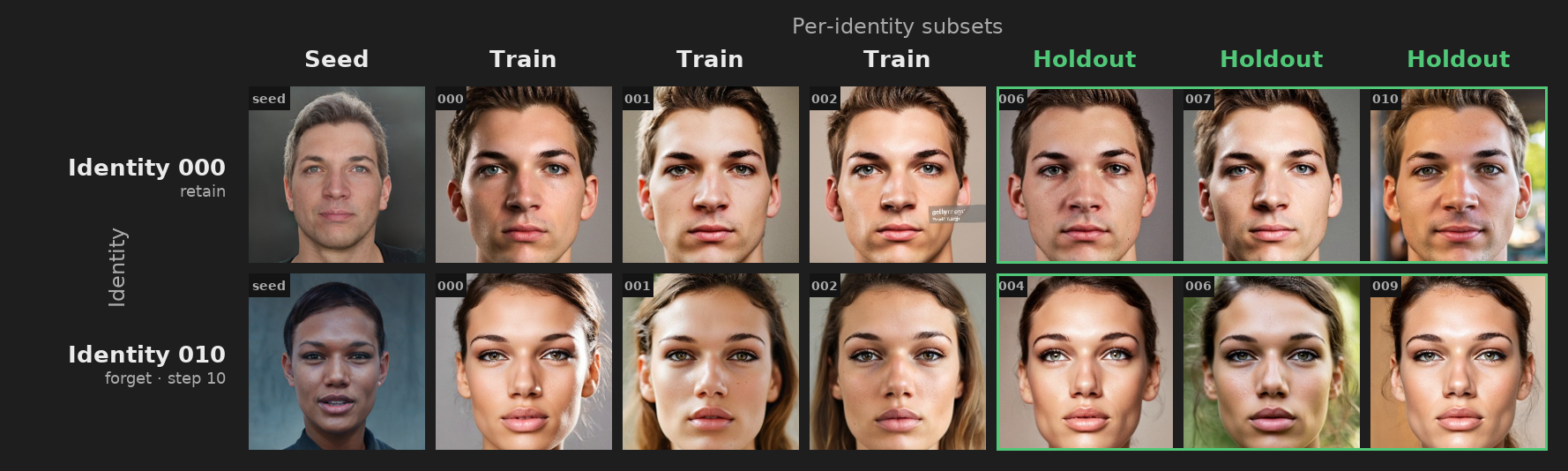 Identity variation — seed, train and held-out crops for a retain and a forget identity